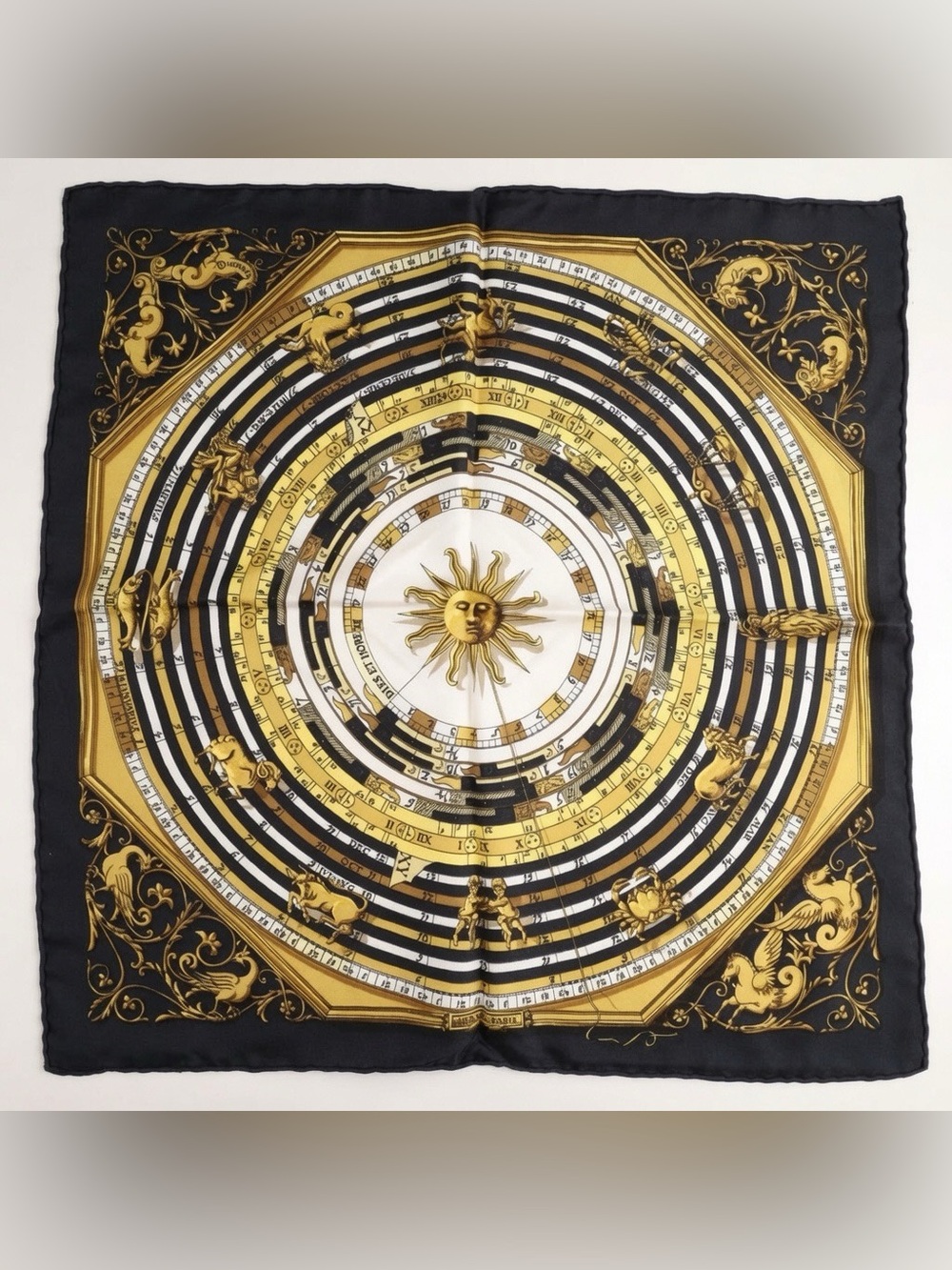 Authentic Hermes Black & Gold Zodiac Sun Silk Scarf 45